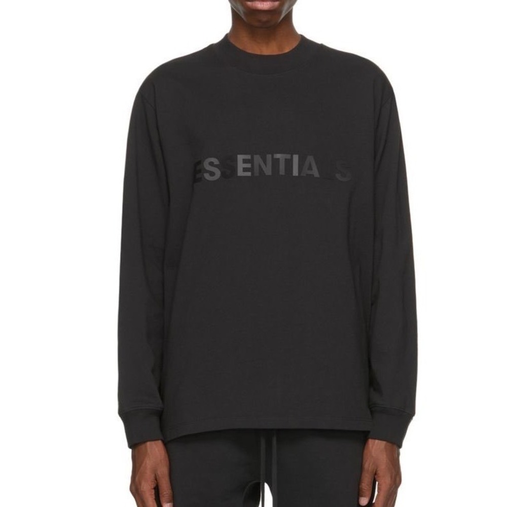 Fear of God Essentials Long Sleeve Tee Black Tonal Logo Crew Neck Cotton XL